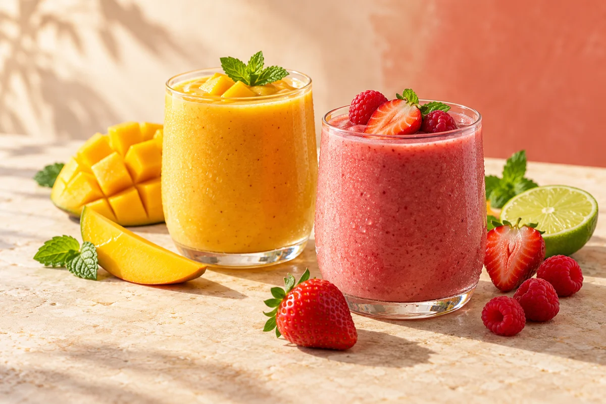 Mango and berry smoothies with fresh fruit on a sunlit counter