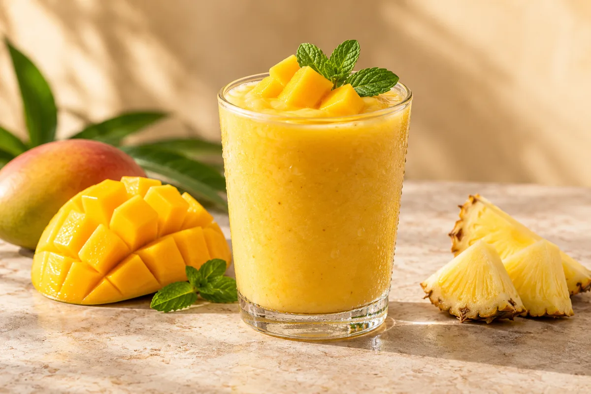 Golden mango and pineapple smoothie with fresh fruit
